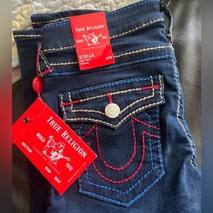 True religion blue jeans , beige & red stitching. Brand new with tags
